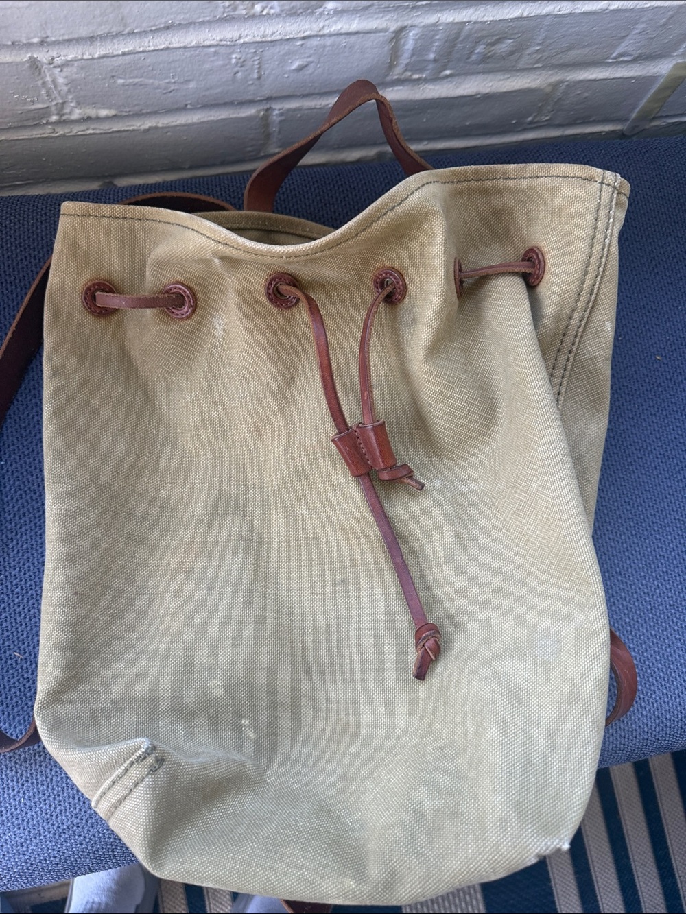 Madewell Canvas Drawstring Backpack in Olive Canvas with Brown Leather Trim